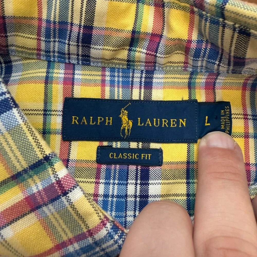 Ralph Lauren Button Down Shirt‎ Mens Large Yellow Blue Plaid Classic Fit Cotton